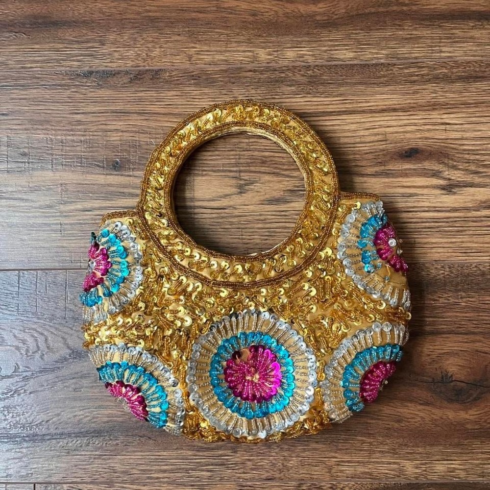 Vintage‎ Mini Bag Gold Blue Sequins Beads Maximalist Fairycore mbling Y2K Party